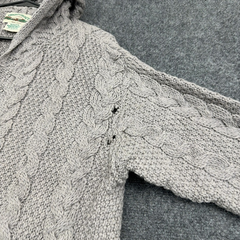 Aran Crafts Sweater Womens M Gray Merino Wool Cable Knit Full Zip Hooded Casual - Picture 2 of 9